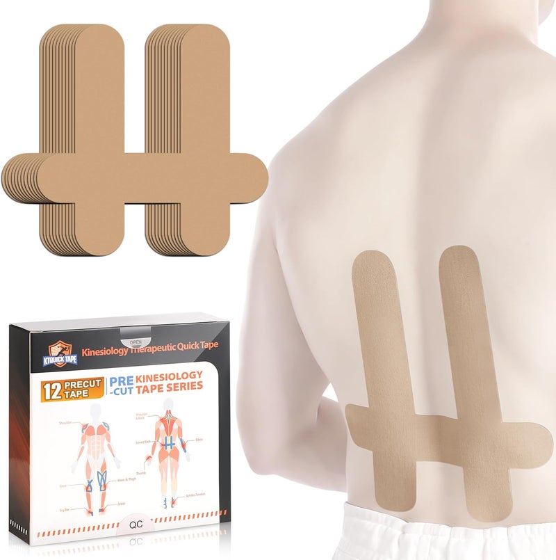 KTQUICK Store PreCut Kinesiology Tape for Lower Back, 12PCS Kinesiology Tape Precut for Lower Back, Original Cotton Waterproof&Breathable Latex-Free, Enhance Elastic Athletic Tape for Support Muscle(Beige) - Image 1